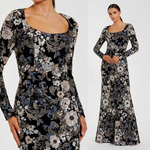 Mac Duggal Black Floral Embroidered Velvet Evening Gown $698 - Size 20